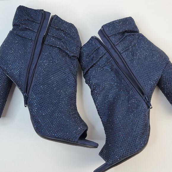 Gianni Bini Peep Toe Boots 11M Blue Suede Zip Rhinestone 3" Heel Party Holiday - Picture 14 of 16